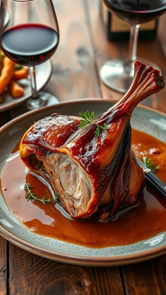 Crispy duck confit leg garnished with herbs, served with roasted vegetables on a rustic table.